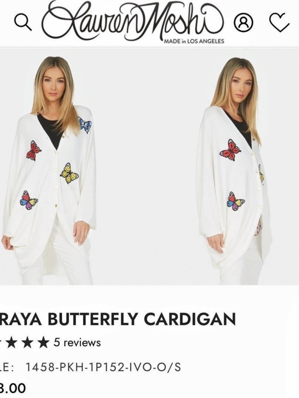 Lauren Moshi Butterfly Cardigan Butterfly Cardigan in White Like New